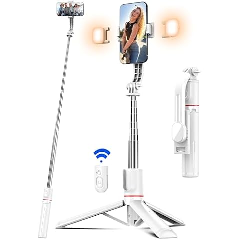 Selfie Stick Tripod with 2 Light, 45" Selfie Sticks with Wireless Remote, Portable Phone Tripod Compatible with 4''-7'' iPhone/Android Samsung Smartphones Selfie Stick for Travel Video Record Vlog Cover