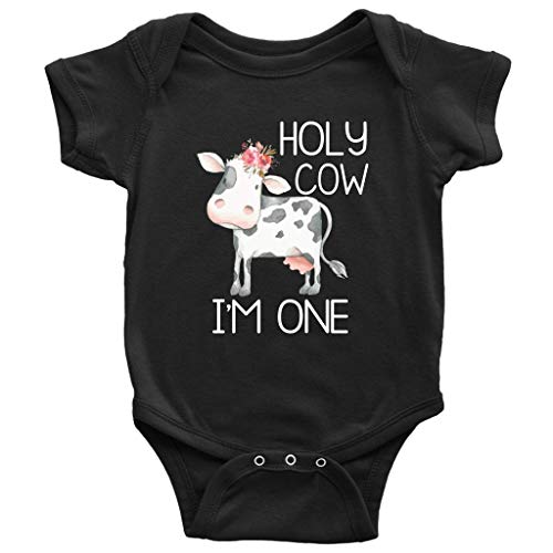 First Birthday Girl - Holy Cow I'm One Bodysuit - Farm Birthday Shirt - One Shirt - Birthday Outfit Girl - Floral Cow Baby Bodysuit - Cow Birthday (18 Months) Black