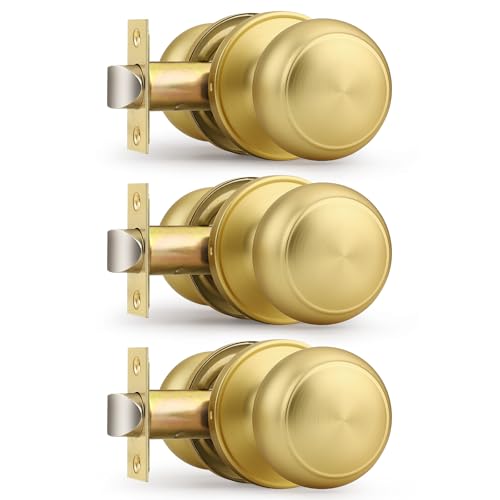 Probrico Interior Door Knob for Hallway, Gold Door Knobs Closet Door Knob, Brushed Brass Passage Door Knob with Round Ball Knob, 3 Pack