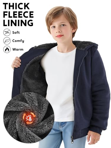 Boys Fleece Lined Jacket Kids Winter Warm Sherpa Hoodie Jacket with Pockets Full Zip Winter Outdoor Coat3