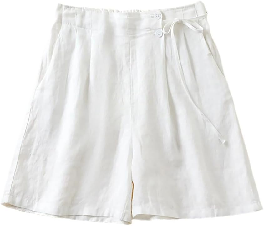 Women's Summer Cotton Linen Shorts Loose Wide Leg Shorts Korean Casual Solid Elastic Waist Short Pants White