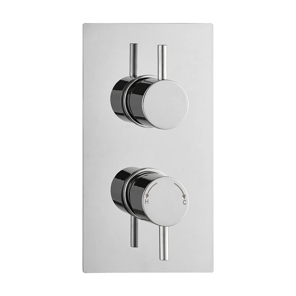 ECOSPA Concealed Twin Thermostatic Shower Mixer Valve in Chrome with 2 Outlets and 2 Round Handles, Anti-Scalding Safety Feature, WRAS Approved