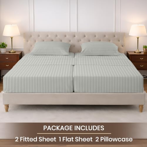 Image of SGI Split King Sheet Set for Adjustable Bed Egyptian Premium Cotton 600 Thread Count Sheet for Sleep Number Bed 15 inch Deep Pocket 5 Pc Set with 2 Twin XL Fitted Sheets Soft Breathable -Light Grey Stripe
