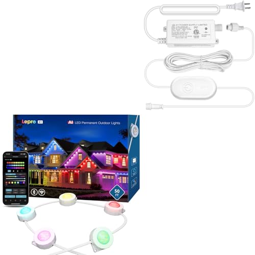 Lepro E1 Bundle - 50ft Permanent Outdoor Lights Kit & 29V 48W AC-DC Power Supply and in-line Controller Set