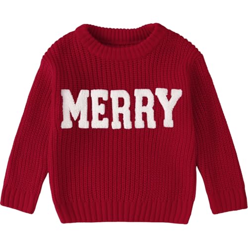 BOUTIKOME Christmas Sweater Toddler Baby Girl Embroidered Merry Shirts Winter Clothes Warm Knit Sweaters Pullover Tops(Red,6T)