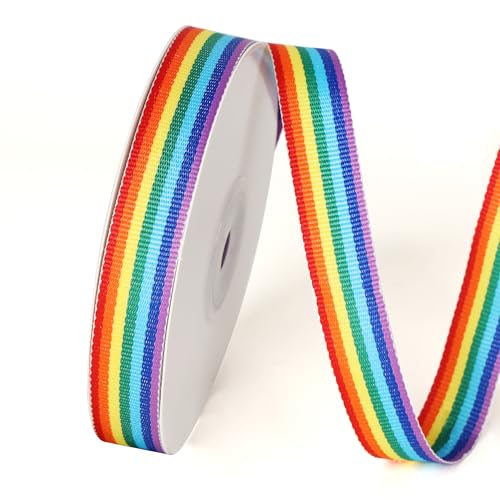 5/8 inch 25 Yards Stripe Grosgrain Rainbow Ribbon Double Face Rainbow Grosgrain Roll Ribbon for Gift Wrapping Wedding Decor Pride Birthday Party Decoration & DIY Crafts