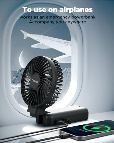 EasyAcc Ventilatore Portatile 9000mAh Ventilatore USB-C con Cordino per Fotocamera, 53 Ore Ventilatore Batteria, 4 Velocità Ventilatore Powerbank Pieghevole Lavabile per Viaggio All'aperto Desktop