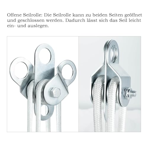 KCNOFNC Doppelte Umlenkrolle mit 2 Kugellager, Flaschenzug mit 10m (6mm) Nylonseil, Tragfähigkeit 70 kg