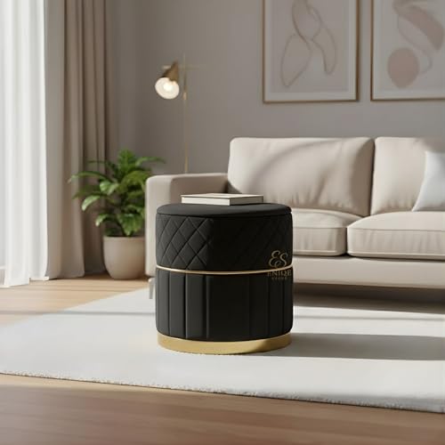 Image of Set of 2 Round Velvet Ottoman Footstool Gold Base - Tufted Upholstered Pouffe Stool for Living Room, Bedroom & Dressing Area (Black)