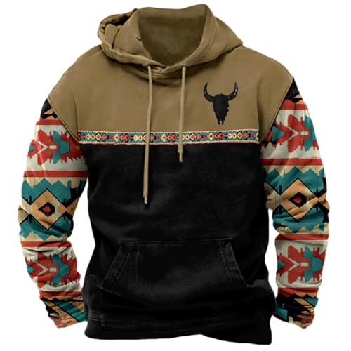Men's Western Aztec Hoodie Vintage Oversized Cowboy Hooded Sweatshirts Casual Graphic Country Hoodies with Pocket