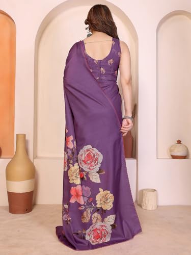 Image of Satrani Women's Tussar Silk Floral Printed Saree with Unstitched Blouse Piece