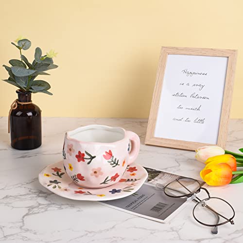 Koythin Ceramic Coffee Mug, Cute Pink Cup For Women With Saucer For Office And Home, Dishwasher And Microwave Safe, 10 Oz/300 Ml For Latte Tea Milk (Floral) #TOP5