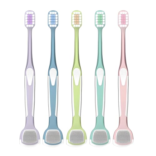 5 Pack Soft Toothbrush, Extra Soft Toothbrush with Tongue Scraper, 10000 Ultra-Fine Soft Bristles Wide Head Tooth Brush Set for Adults & Kids, Individually Wrapped Toothbrush Pack for Home & Travel