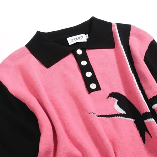 Men's Retro Black and Pink Knitted Poloshirt, Vintage Animal Patten Polo Cotton Short Sleeve with Quarter Button3
