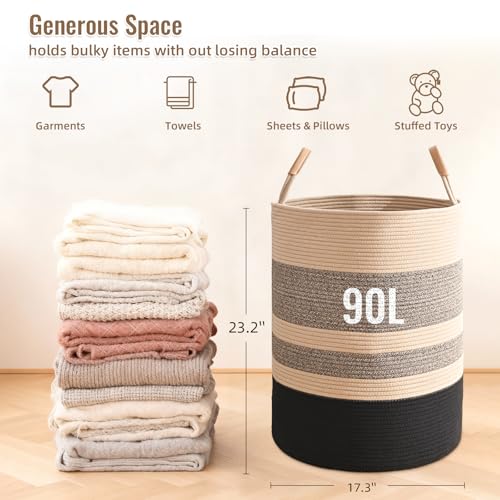 Image of Large Laundry Basket, Laundry Hamper with Leather Handles, 90L Woven Dirty Clothes Hamper, Rope Hampers for Bedroom, Barthroom, Brown Black