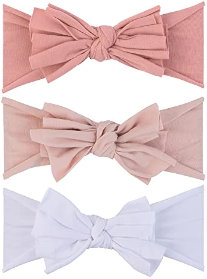 Ely's & Co. 3 Pack Bow Headband Set for Baby Girl 0-12 Months (Ivory, Dusty Rose & Blush, 3 Pack)