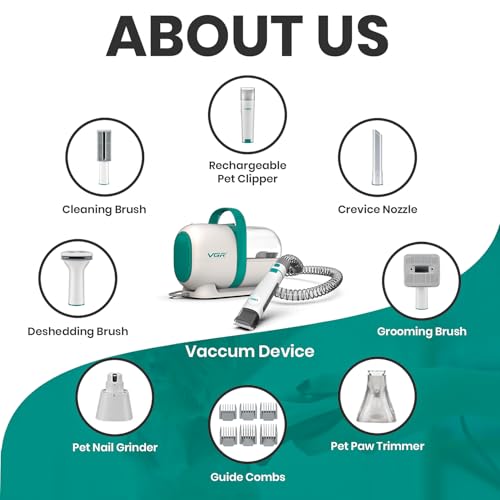 Image of VGR V-207 Professional 7-in-1 Pet Grooming Kit & Vacuum with High Suction Power, Rechargeable Pet Clipper with 180 Minutes Use | Complete Grooming Solution for Dogs and Cats (300 Watts, White)