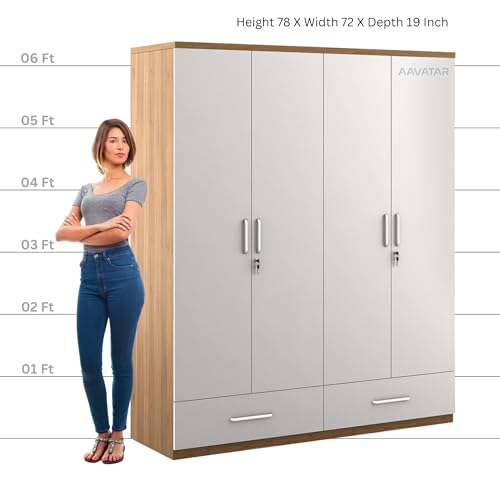 Image of AAVATAR 04 Door Engineered Wood Cupboard - Multi-Shelf Storage Cabinet for Bedroom & Living Room - Durable & Stylish Wardrobe Organizer Without Mirror (Colour - White & Wood, Size 78 X 72 X 19 Inch)
