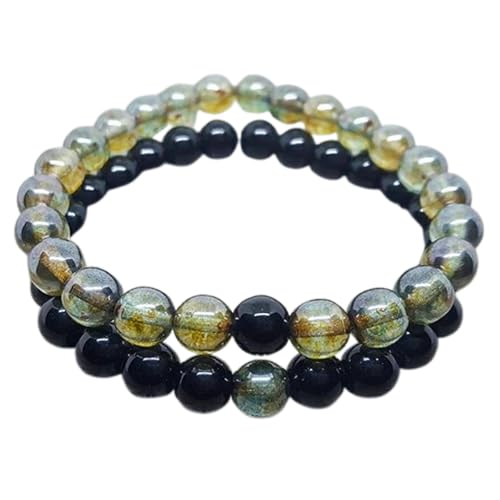 Ensemble de bracelets extensibles pour couples en quartz vert et agate noire 8mm FIZA_CPL_128
