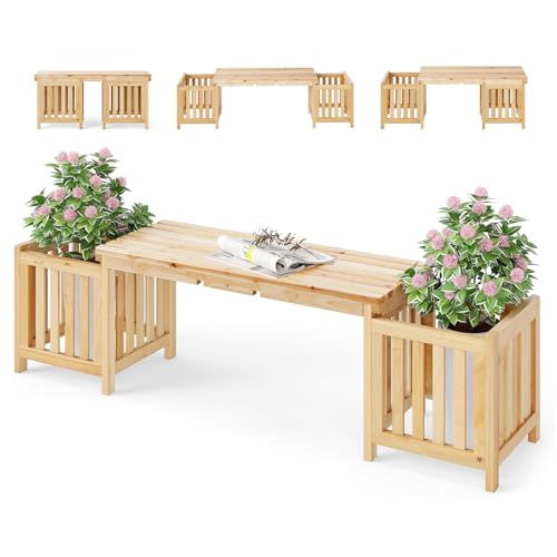 RELAX4LIFE Banc Exterieur Jardin avec Jardinière en Bois, Jardinière Surélevée avec Banc pour 2 Personnes, 3 Méthodes d'Installation, Bac à Fleurs sans Fond pour Terrasse, Jardin, Balcon
