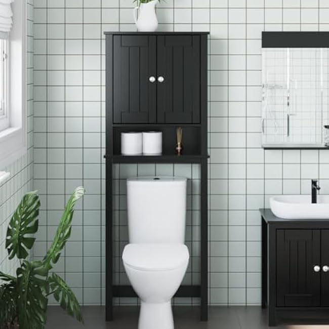 Over-The-Toilet Storage Cabinet, Black Solid Pine Wood Bathroom Organizer, Modern Freestanding Furniture Unit with Doors