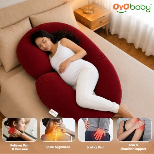 Image of OYO BABY C Shaped Pregnancy Pillow for Sleeping, Maternity Pillow for Pregnant Women with Washable Premium Velvet Cover (Maroon)