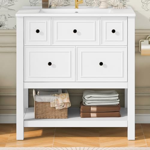 NADEUSAK Lavabo independiente de 76 x 46,5 x 82,3 cm, color blanco, lavabo de cerámica integrado, 5 cajones + estantes abiertos, rieles de extracción silenciosos, color ecológico y no tóxico