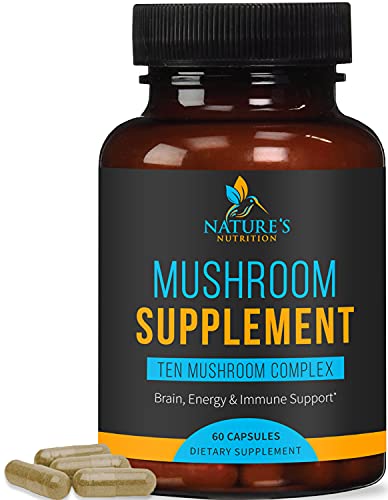 Mushroom Supplement - 10 Mushrooms Complex with Lions Mane, Reishi, Cordyceps, Chaga, Maitake - Immune Support and Nootropic Brain - Made in USA - Support Focus and Energy, Non-GMO - 60 Capsules