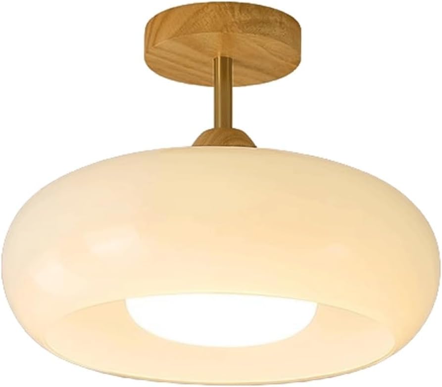 Nordic Bowl Ceiling Lamp, 3-Color Dimming Flush Mount Ceiling Light, with Solid Wood Base and Cream White Glass Shade Circular Light Fixture, for Hallway, Entryway, Bedroom, Foyer