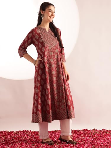 Image of Vbuyz Women's Floral Print A-Line Cotton Stitched Kurta