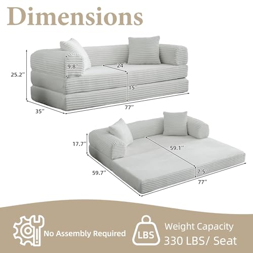 Image of Convertible Futon Sofa Bed, Fold Out Floor Sofa Couch with Sleeper Sofa,Folding Boneless Couches with Deep Seat,Cloud Corduroy Foldable Mattress Couch for Living Room(Light Gray)
