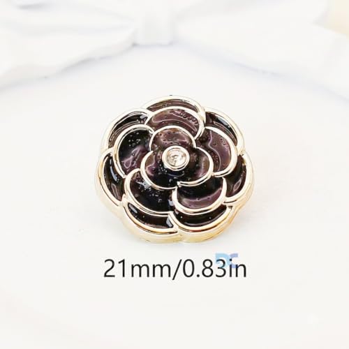Image of Pack of 6 Resin Rose Flower Buttons Diameter 20 L Shank Button for Sewing and Art and Craft| Beautiful Black Rose with Golden Edges and Rhinestone in Centre