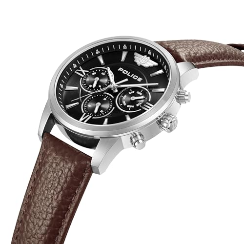 Image of Police Quartz Multifunction Black Dial Brown Leather Strap Watch for Men - PLPEWGF0040402