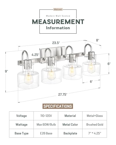 Image of Bathroom Light Fixtures, 4-Light Brushed Nickel Vanity Lights with Clear Glass Shade, 28 Inch Vintage Vanity Lighting Fixtures Over Mirror, VL124-BN-4
