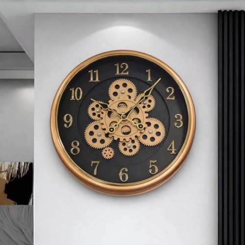 Image of Analog Moving Gear Wall Clock, Plastic Body, Rotating Gears, Battery Operated (Copper Black, Width: 40 Cm) 16 x16inch Diameter (Golden)