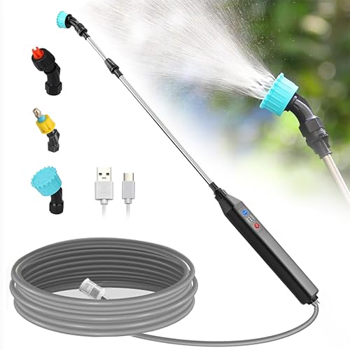 Battery Powered Sprayer Wand 23.6 Electric Sprayer Telescopic Wand with 3 Adjustable Spray Forces Portable Garden Sprayer with 16.4ft Hose 3 Water Hose Nozzle for Lawn and Garden Plant Watering