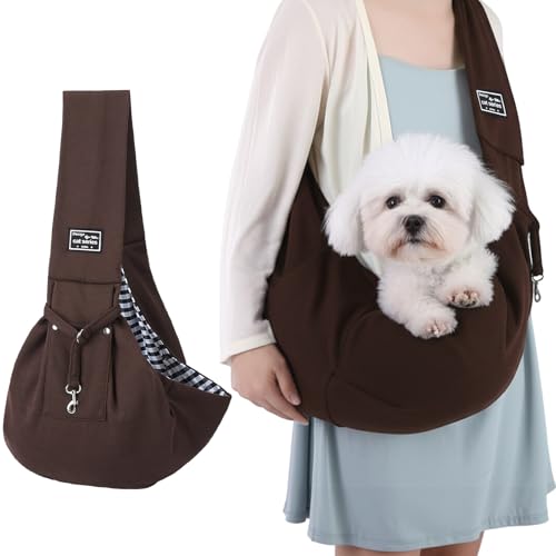 Halinuia Reversibel Kleine Hundetragetasche bis 7.5 KG Angenehm Tragetasche Hund Sicherer mit Karabiner Tragegurt Hunde Umhängetasche für Haustiere für Spaziergänge Aktivitäten im Freien, Braun