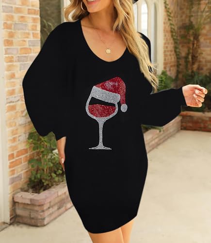 UNIQUEONE Camisa social feminina de Natal manga comprida taça de vinho tinto camisas de Natal gola V