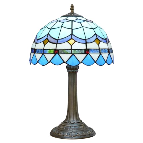 Tiffany Table Lamp Stained Glass Lamp Mediterranean Blue Bedroom Table lamp Reading Desk Light for Bedside Living Room Office Dormitory Dining Room Decorate Housewarming Gift 12X12X18 inches
