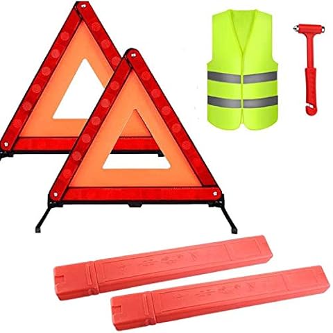 Warning Triangle Kit 4 Pack Foldable Safety Triangle Kit Car Roadside Emergency Kit with Reflective Warning Triangle Visibility Roadside Vest Safety Hammer for Roadside Breakdowns Emergencies Cover