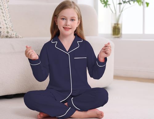 Veseacky Unisex Girls Boys Pajamas Long Sleeve Sleepwear Button-Down 2 Pcs Pjs Set for 5-14 Years3
