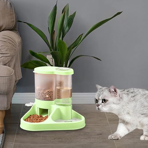 Image of Dog Bowl, 2 in 1 Automatic Cat Food and Water Bowl Set with Water Dispenser and Stainless Steel Bowl for Cats and Small Dogs Automatic Water Feeder Water Drinker (Green)