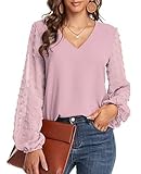 BAISHENGGT Blusen Tuniken Damen Elegant Chiffon Pullover Siwss Dot Langarmshirt V-Ausschnitt Pullover Streetwear Outfit Oberteile Rosa S
