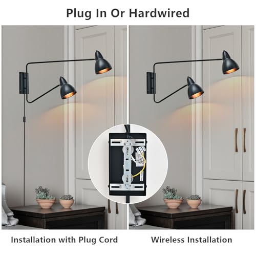 Image of Modern Black 2-Light Plug in Swing Arm Wall Sconce, 1 Pack