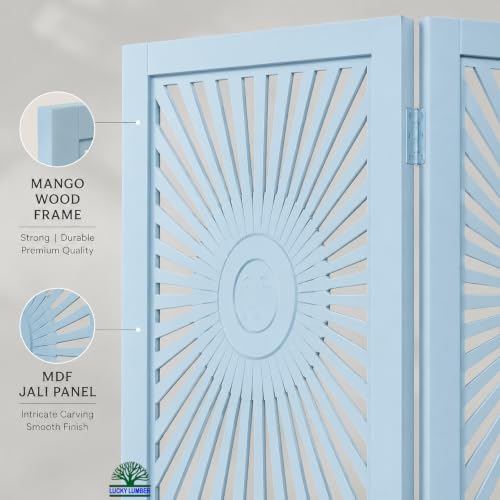 Image of Wooden Room Divider Partition for Living Room | Foldable 4 Panel Decorative Privacy Screen Separator for Home, Office & Bedroom | Modern (Light Blue)