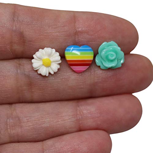 Pretty Smart Metal Free Plastic Post Earrings Gift Set Dainty Rose Rainbow Heart Daisy (Aqua Rose) #TOP1