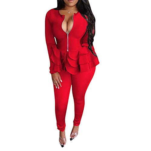 Women Long Sleeve Blazers Two Piece Outfits Business Solid Color Zipper Peplum Ruffle Jacket With Skinny Pants Set Red #TOP22