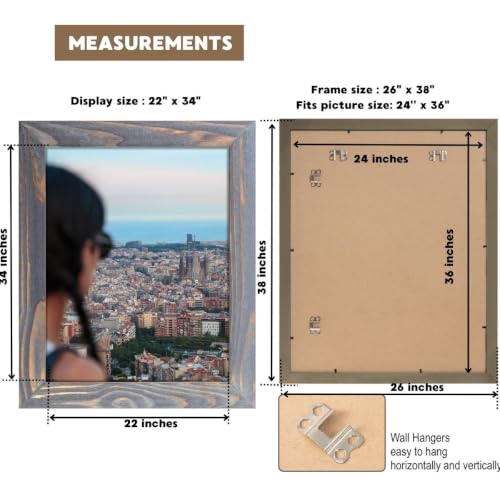 Image of Rustic Wooden Poster Picture Frame 24x36 - Natural Solid Eco Distressed Wood for Wall Mounting Photo Frame - Grey
