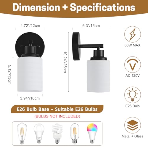 Image of 2-Pack, 1-Light Vanity Lights, Matte Black Bathroom Light Fixture with Textured Milky White Glass Shade, E26 Modern Vanity Lighting Fixture for Bathroom Wall Sconce