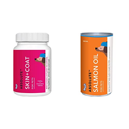 Image of Drools Absolute Skin + Coat Tablet- Dog Supplement, 110 Pcs /400gm & Absolute Salmon Oil Syrup- Dog Supplement, 300ml